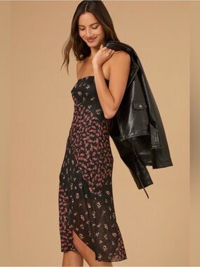 Altar'd State Black Strapless Midi Dress with Rose Print